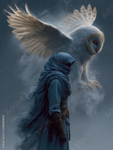 A mysterious figure wearing dark flowing robes and an intricate mask, standing in a foggy, atmospheric setting with cinematic lighting and epic fantasy vibes.