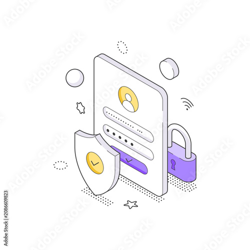 Isometric vector illustration of a secure login screen. A concept for mobile app authentication, user data protection, and private account access using a password and shield