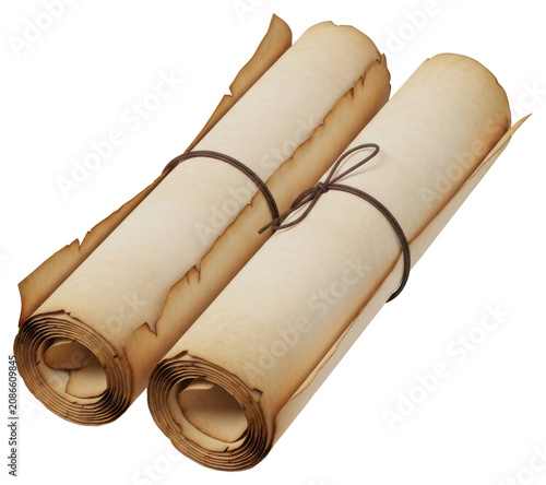 Vintage aged parchment paper scrolls tied with cord over transparent background