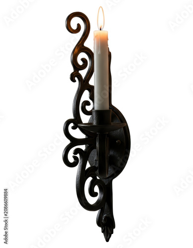 Wrought iron wall sconce with burning candle isolated on a transparent background