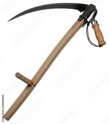 Traditional wooden scythe for harvesting grass over transparent background