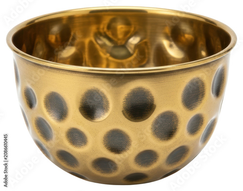 Hammered vintage brass bowl with dimpled texture isolated transparent background