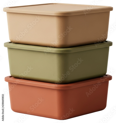 Stacked earthy tone plastic food storage containers on a transparent backdrop