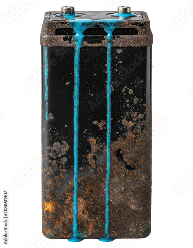 Corroded industrial battery leaking blue chemical fluid with transparent backdrop