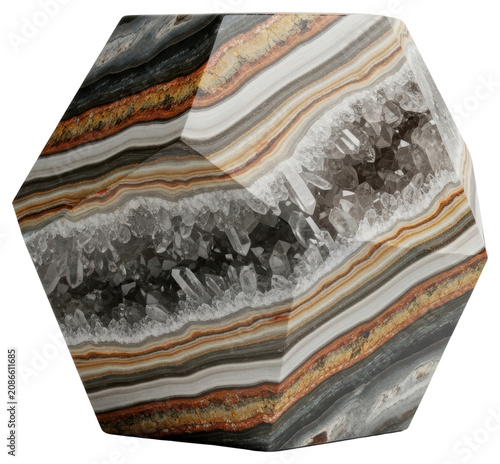 Polished hexagonal banded geode stone with crystals isolated on a transparent background