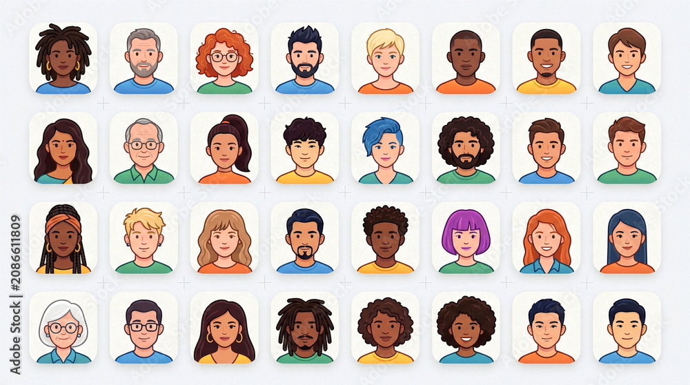 Fototapeta premium Diverse collection of colorful cartoon people avatar icons.