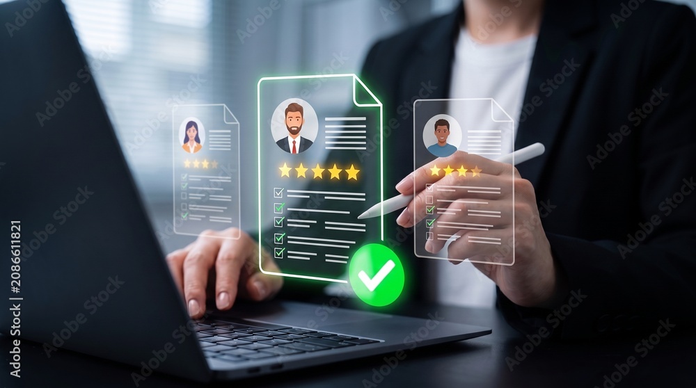 Fototapeta premium Professional recruiter utilizing digital resume screening software with integrated performance scoring, candidate evaluation criteria, and secure talent selection workflows