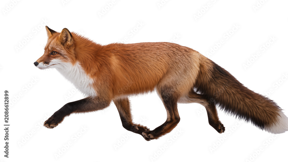 Obraz premium Red fox running with bushy tail and white chest