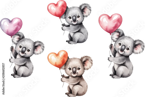 Sticker set of watercolor Koala hand holding heart balloon vector illustration isolated