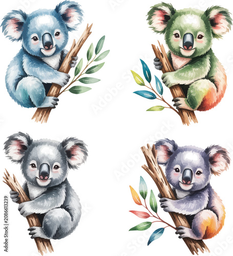 Photography set of watercolor Koala with branch  vector illustration isolated on white backg