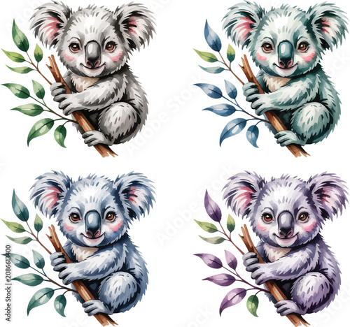 Canvas Print set of watercolor Koala with branch  vector illustration isolated on white backg