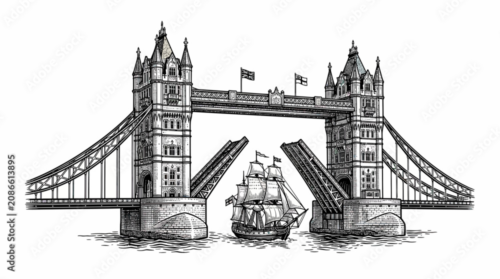 Obraz premium Hand-drawn sketch of Tower Bridge opening for a sailing ship on the Thames, London.