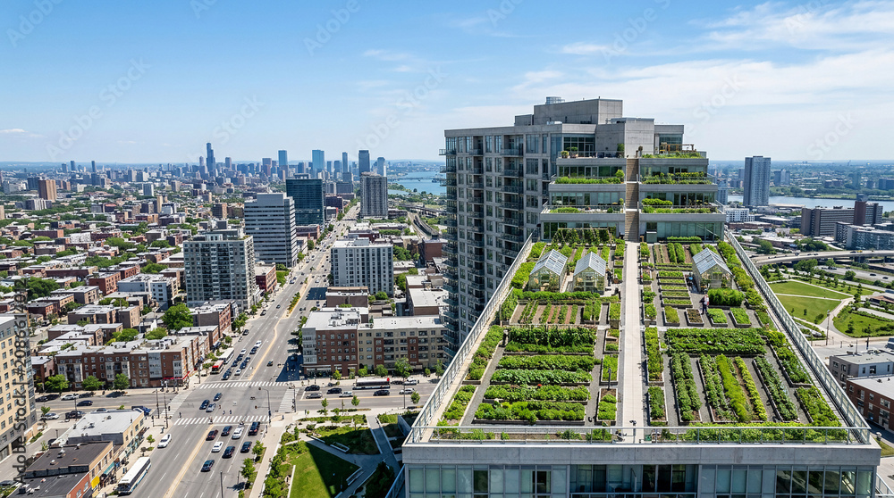 Obraz premium Spectacular urban agriculture thrives on a contemporary residential skyscraper rooftop, seamlessly blending sustainable green spaces into the bustling urban environment
