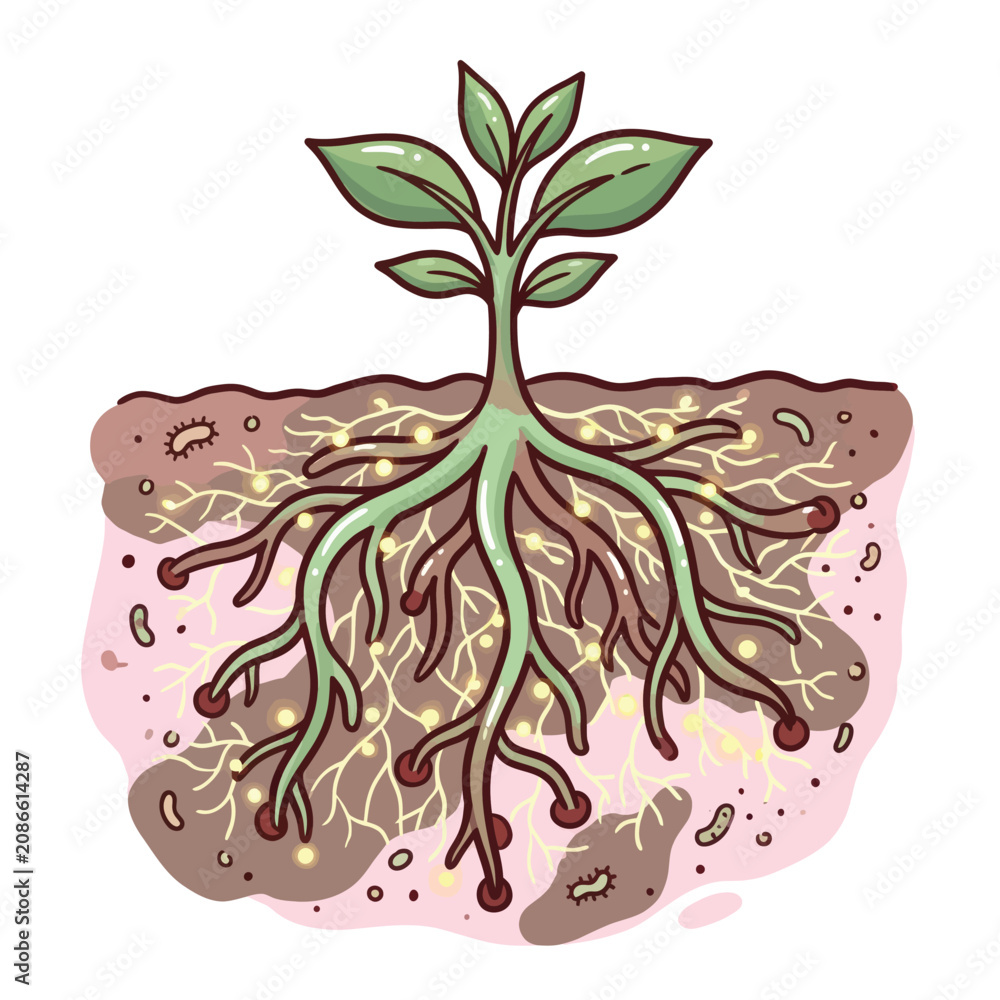 Fototapeta premium A plant with healthy roots and microbes in the soil showing nutrient uptake in diagrammatic style