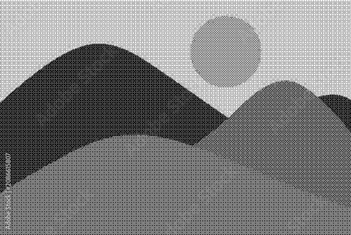Fotografija Minimalist mountain landscape with a sun, featuring a distinct crosshatch textur