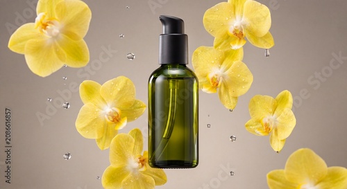 Dark Green Glass Cosmetic Pump Bottle Mockup Levitating with Floating Yellow Orchid Flowers and Water Droplets