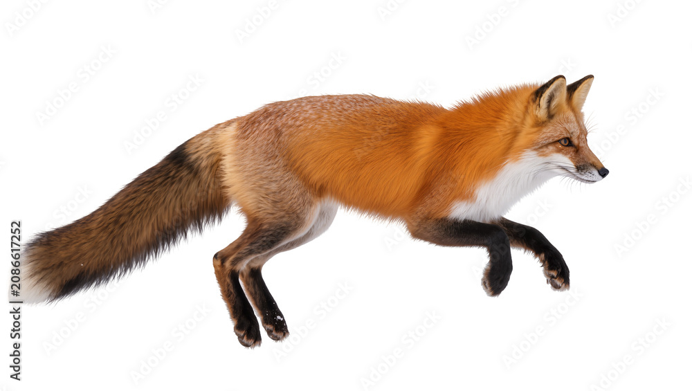 Obraz premium Red fox running in snow with white fur on chest and tail tip