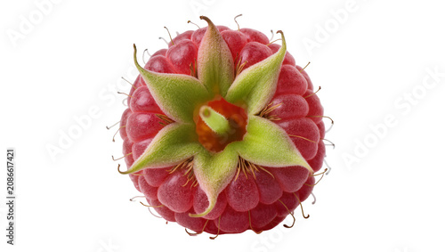 Photos Single ripe raspberry with green sepals and stem