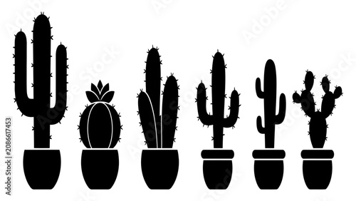 Vászonkép Cactus plants in pots appear as simple black silhouettes against a plain white background surface