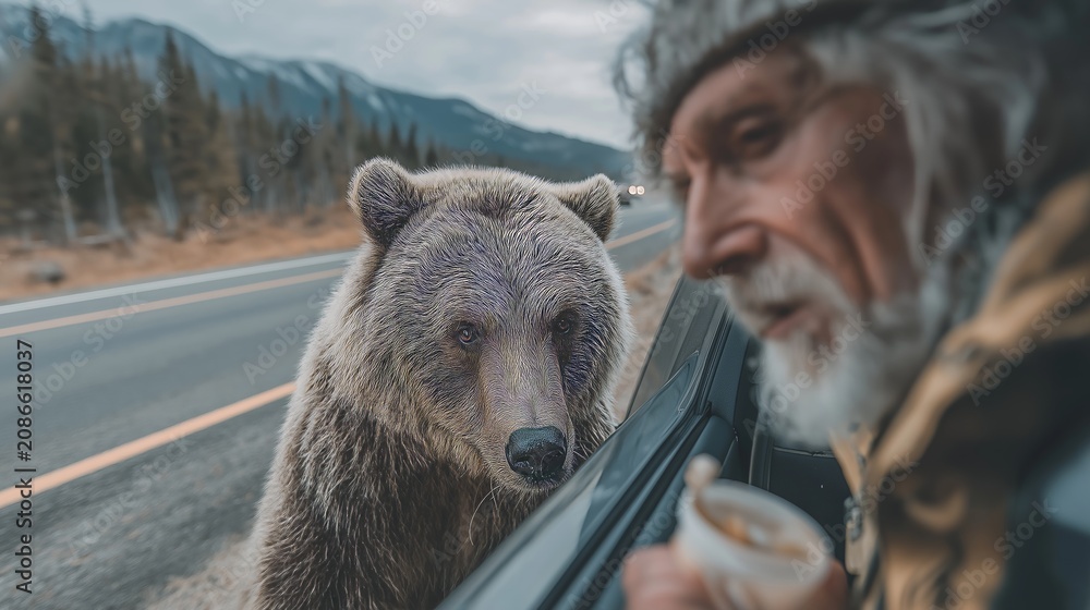 Obraz premium Curious grizzly bear approaches an elderly man at a roadside in serene forest landscape during a calm afternoon
