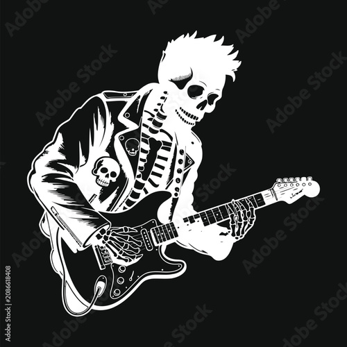 Skeleton rocker playing electric guitar death metal rock music.