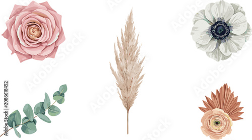 Bild auf Leinwand Elegant Boho Watercolor Floral Element Set Featuring Dusty Pink Rose Anemone Pam
