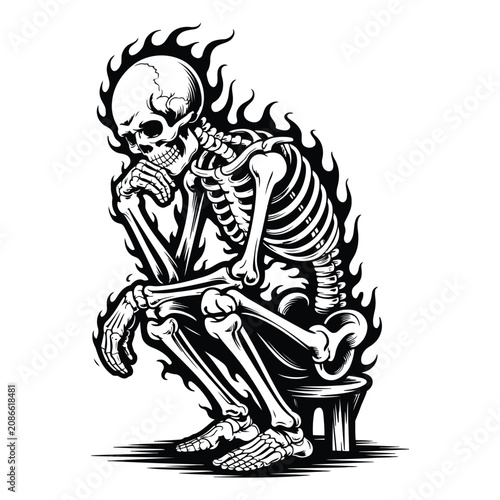 Skeleton on stool surrounded by flames thinking deeply.