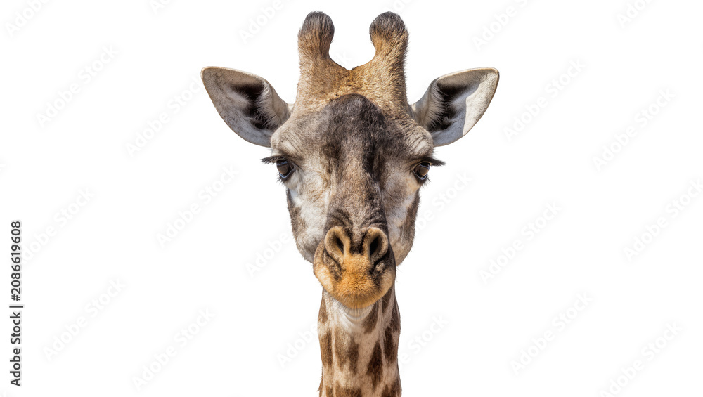 Naklejka premium Giraffe head portrait with distinctive ossicones and patterned fur