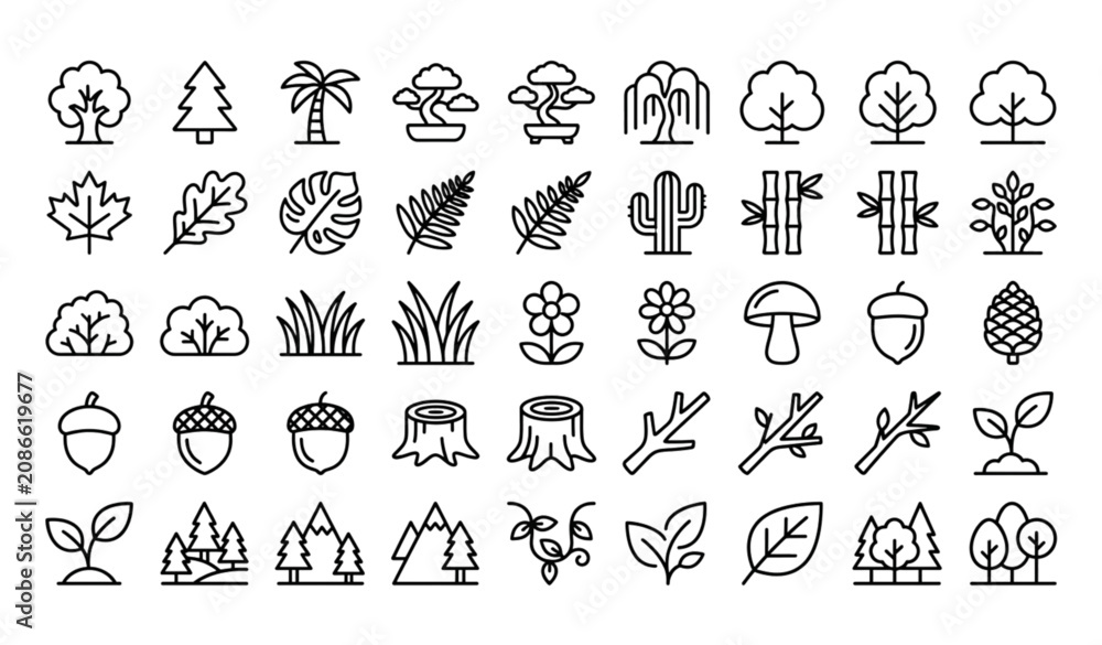 Naklejka premium Modern tree plants and forest outline icon set with minimalist botanical nature line symbols editable vector collection isolated on white background