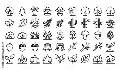 Fotografi Modern tree plants and forest outline icon set with minimalist botanical nature
