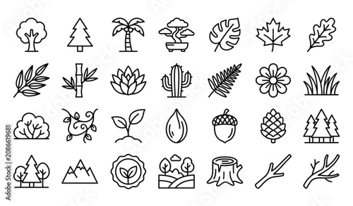 Minimal botanical and forest line icon collection with trees leaves flowers eco symbols and editable outline vector isolated on white