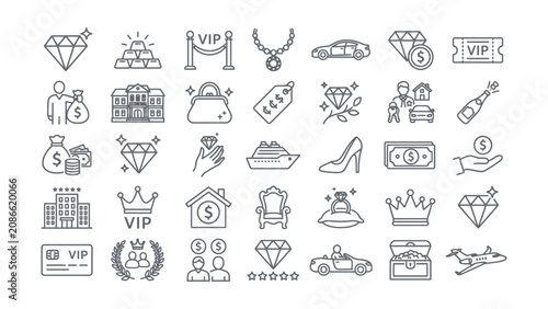 Luxury lifestyle and wealth icons including money jewelry cars VIP access and exclusive symbols on a transparent background