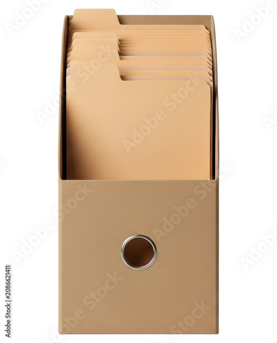 Office file storage box with manila folders cut out on transparent background