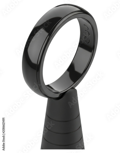 Modern black smart ring on minimalist charging stand transparent background