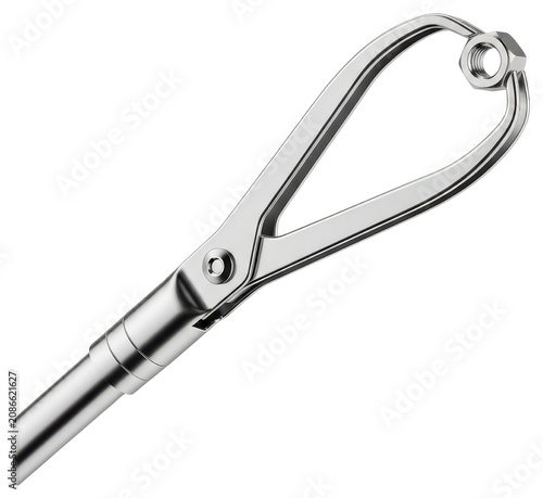 Surgical forceps holding metal hex nut with transparent background