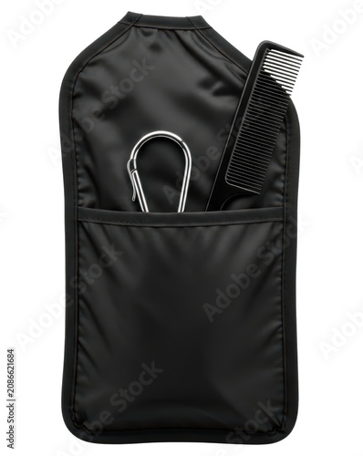 Black barber tool pouch with comb and clip transparent background