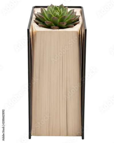 Green succulent plant growing inside hollow book on a transparent background