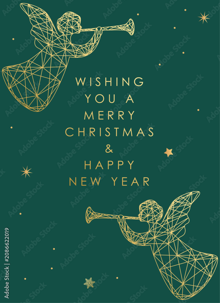 Obraz premium Elegant Christmas and New Year greeting card template with geometric golden angels playing trumpets on dark green background. 