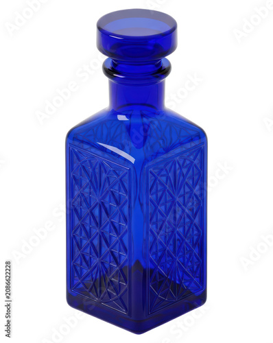 Cobalt blue glass decanter with geometric pattern cut out on transparent background