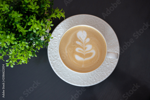 Top view of a white cup of hot cappuccino with beautiful latte art on a dark background next to a green plant