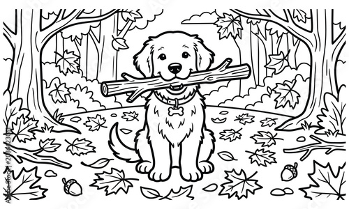 Cute puppy holding a large stick in its mouth sitting in autumn forest coloring page illustration