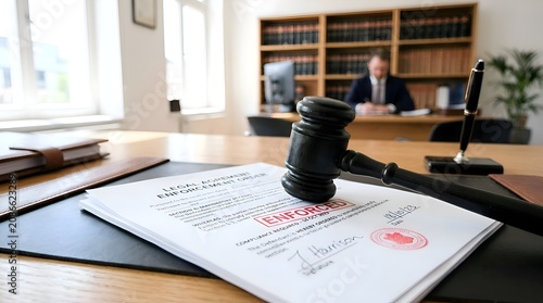 Legal Document & Gavel in Office, Judge at Desk, Courtroom, Justice Concept