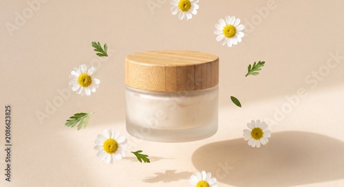 Floating cosmetic jar mockup with wooden lid and chamomile flowers on beige background