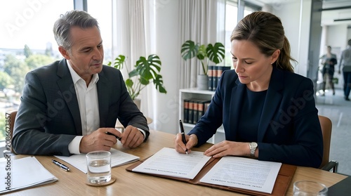 Business professionals signing documents at a table in an office