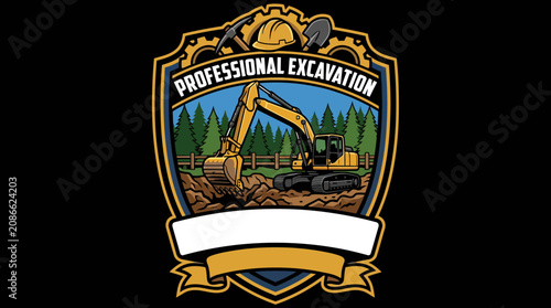 Yellow excavator on construction site with hard hat and tools badge