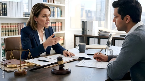 Lawyer Advising Client in Office with Bookshelf and Gavel