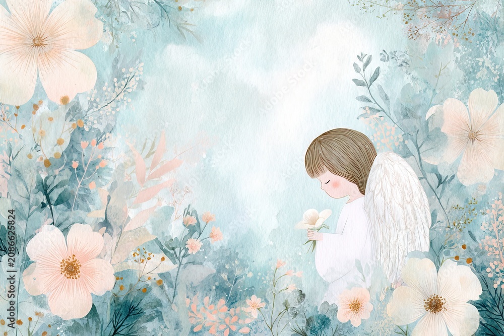 Obraz premium Delicate watercolor composition of communion invitation with angel motif and gentle flowers on soft pastel background. Ideal for church events, sacramental announcements, spiritual stationery design