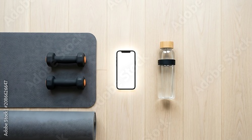 Overhead flat lay of fitness equipment and blank glowing smartphone screen mockup on gym floor