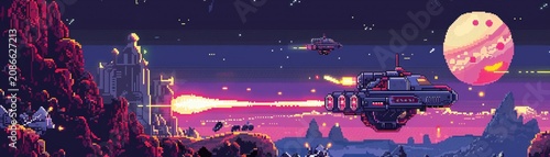 A pixel art illustration of a spaceship blasting off from a retro launchpad, leaving a trail of smoke behind, 3DCG , stock photographic style