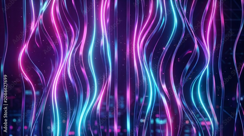 Fototapeta premium Vertical glowing neon wave lines on dark background with vertical, abstract